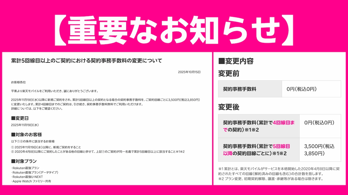 【重要なお知らせ】楽天モバイル、累計5回線目以降の契約事務手数料が有料に！従業員紹介キャンペーンへの影響を解説