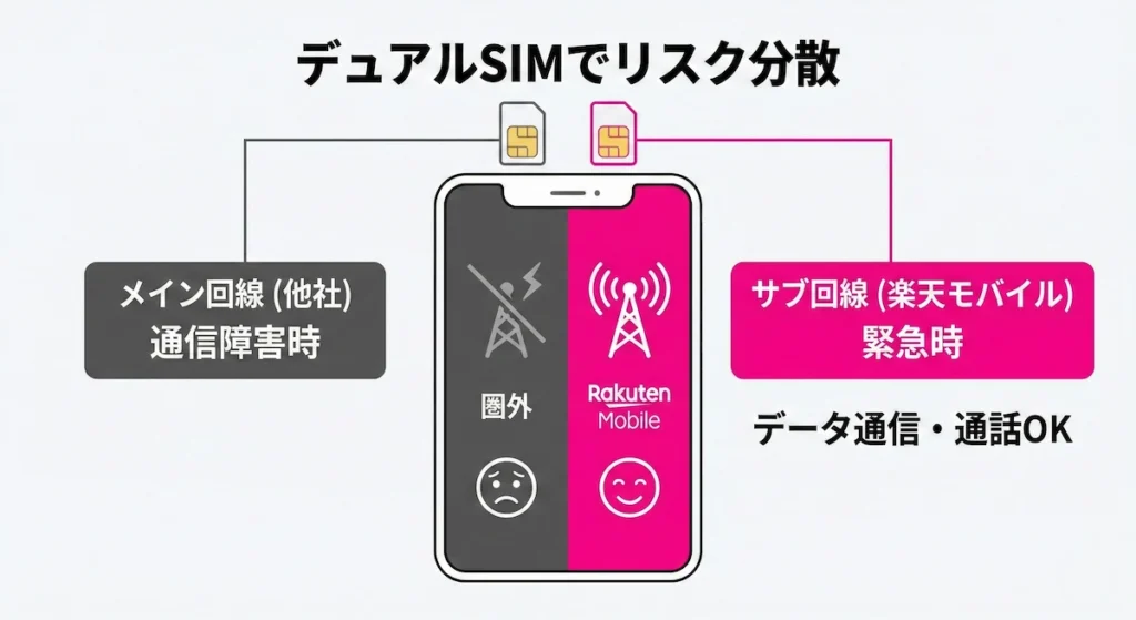 デュアルSIMによる通信障害時のリスク分散を図解したイラスト。メイン回線（他社）が圏外や通信障害で使えない時でも、サブ回線（楽天モバイル）があれば緊急時にデータ通信や通話が可能であることを比較して表現。