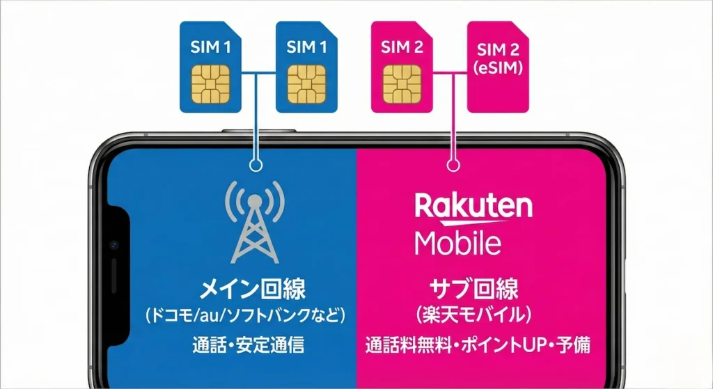 スマートフォン1台でメイン回線（ドコモ/au/ソフトバンクなど）とサブ回線（楽天モバイル）を併用するデュアルSIMの仕組みを図解したイラスト。