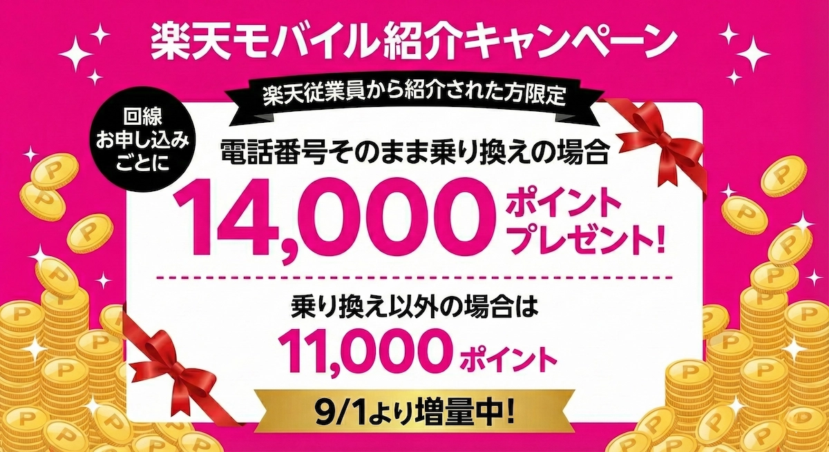 楽天モバイル従業員紹介キャンペーン【2026年1月最新】現役社員ちづるが案内する最強プラン紹介。電話番号そのまま乗り換えで14,000ポイント、新規・再契約で11,000ポイントプレゼント。