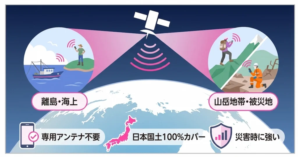 楽天モバイルの「Rakuten最強衛星サービス」の仕組みとメリットを示す図解。宇宙の衛星から直接スマートフォンに電波が届き、離島・海上や山岳地帯・被災地でも通信が可能になる様子が描かれている。下部には「専用アンテナ不要」「日本国土100%カバー」「災害時に強い」という3つの主要なメリットがアイコン付きで強調されている。