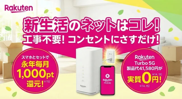 新生活のネットにおすすめなRakuten Turboのキャンペーン解説画像。「工事不要！コンセントにさすだけ」で即日利用可能。スマホとセットで永年毎月1,000ポイント還元や、製品代41,580円が実質0円になる特典を紹介。