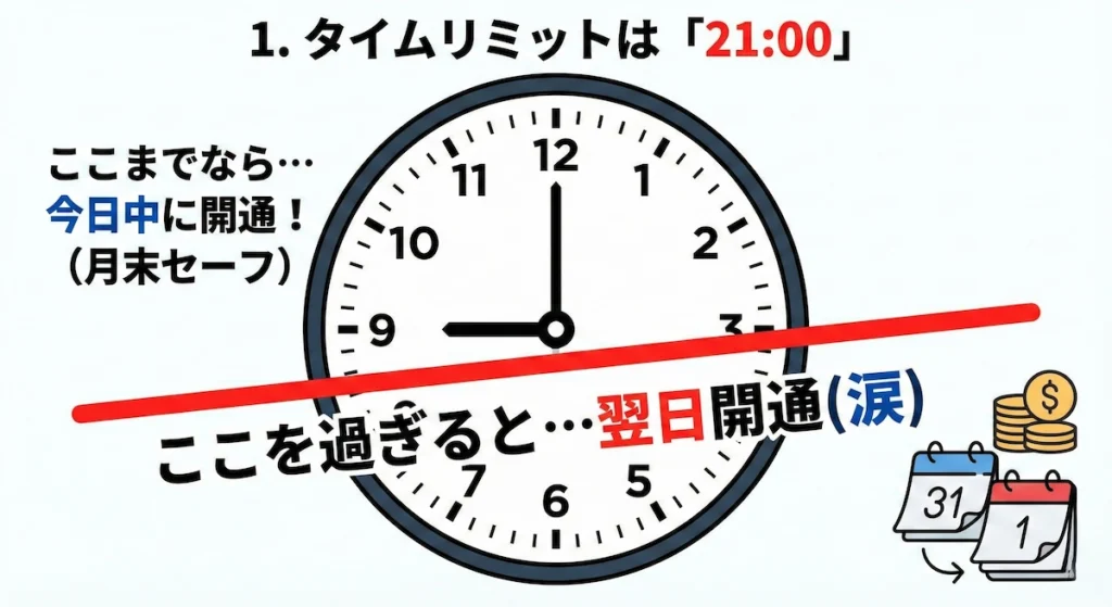 楽天モバイルeSIM即日開通の締切目安を示す図。21:00を過ぎると翌日開通になる注意点