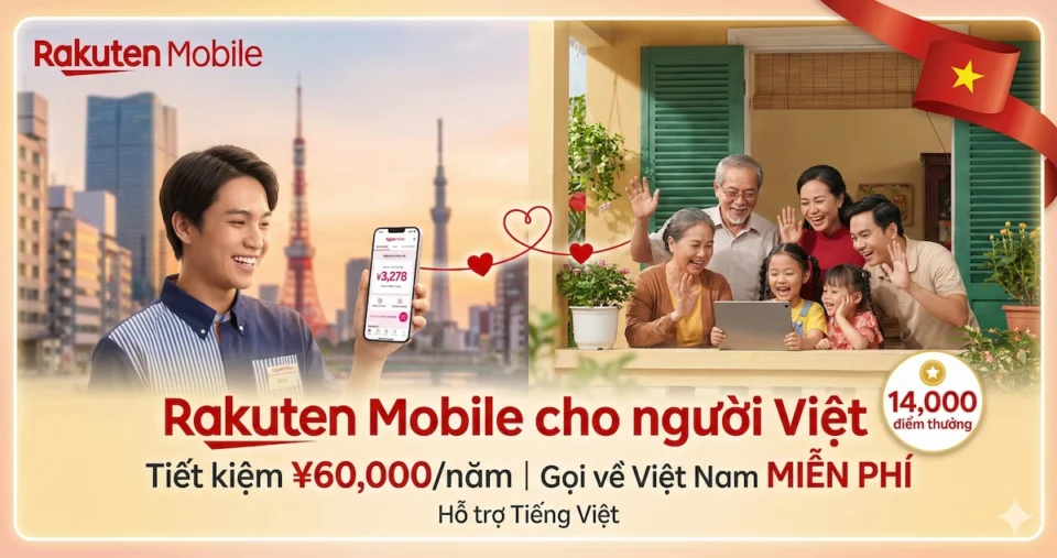 ベトナム人向け楽天モバイル訴求バナー。年6万円節約とベトナムへの通話無料、14,000ポイントを案内