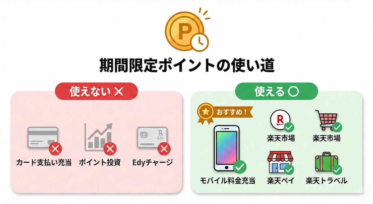 楽天モバイル期間限定ポイントの使える用途・使えない用途の一覧図