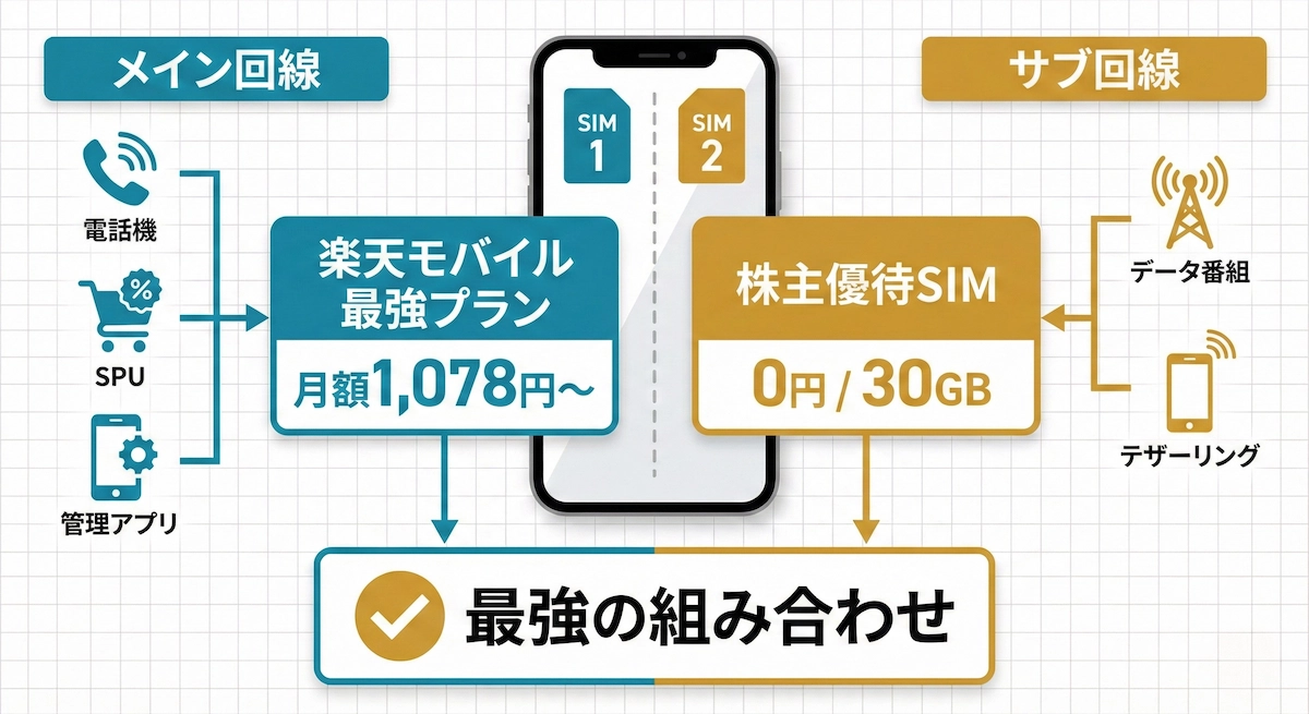 楽天モバイル最強プラン(メイン回線)と株主優待SIM(サブ回線)のデュアルSIM運用イメージ図