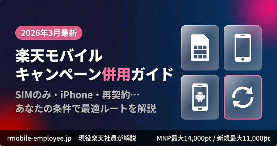 楽天モバイルキャンペーン併用ガイド【2026年3月】SIMのみ・iPhone・Android・再契約のタイプ別最適ルートを解説するアイキャッチ画像