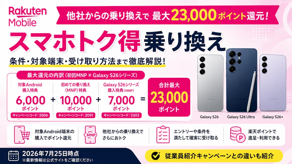 楽天モバイルのスマホトク得乗り換えとは?最大23,000ポイントの条件