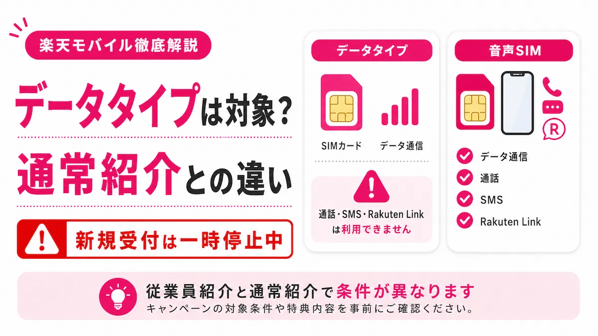 楽天モバイルのデータタイプは従業員紹介キャンペーン対象？通常紹介との違いと受付停止中の注意点